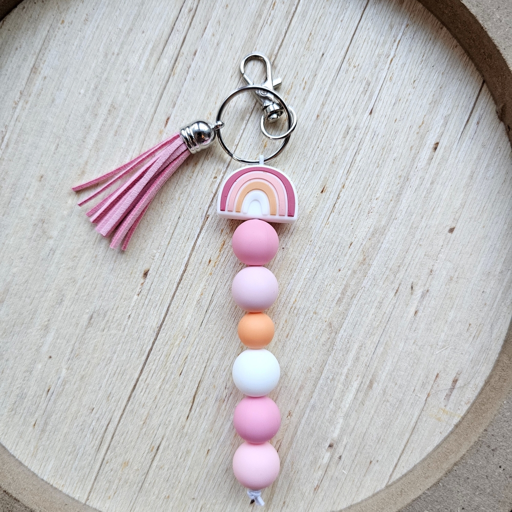 Pink and Orange Beaded Keychain with Rainbow Charm